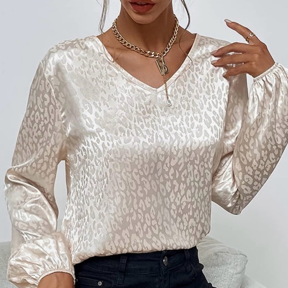 Miss Sparkling boutique leopard print lantern sleeve, V- neck blouse size Large - Picture 2 of 8